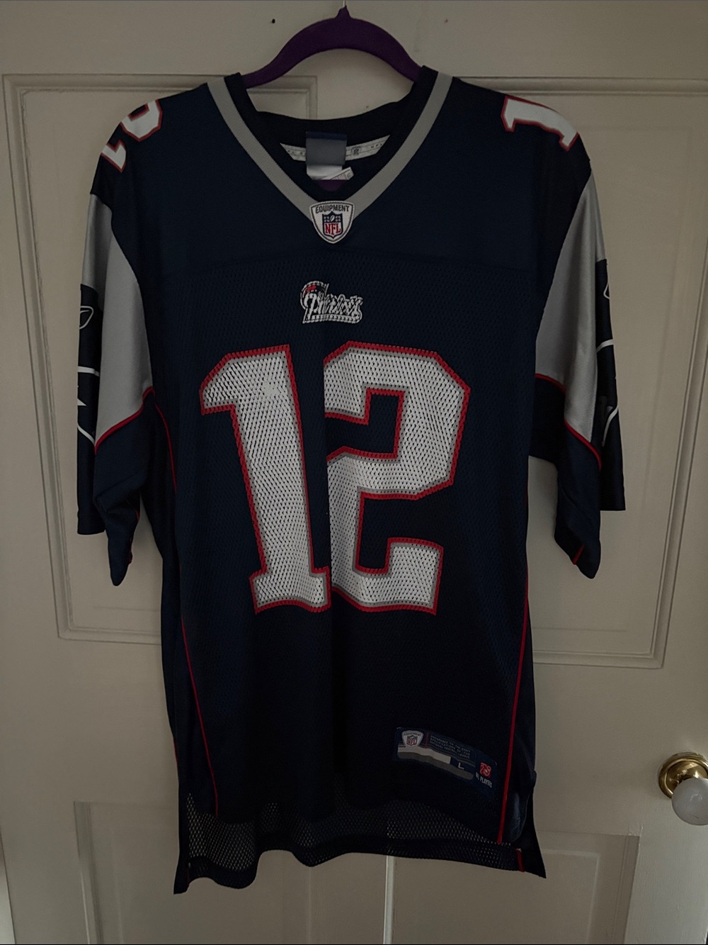 Equipment Navy and White #12 Football Jersey with Red Trim